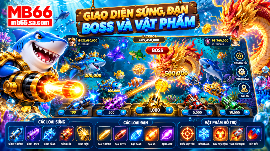 Giao diện súng, đạn, Boss và vật phẩm Bắn Cá MB66